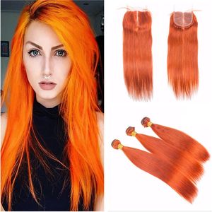 New Arrive Orange Color Hair Wefts With Lace Closure Straight Hair Extension Pure Color Bright Orange Cosplay Hair Weave With 4*4 Closure