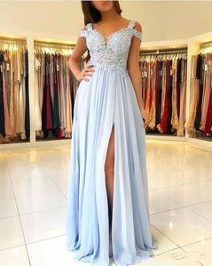 2020 New Cheap Sky Blue Bridesmaid Dresses For Weddings Off Shoulder Lace Appliques Chiffon Split Plus Size Zipper Back Maid of Honor Gowns