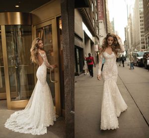 Sexy Berta Backless Mermaid Dresses Sheer Neck Ull Long Sleeves Court Train Lace Appliques Wedding Bridal Gowns Vestidos