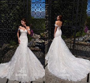 Gorgeous Mermaid Lussano Dresses Off Shoulder Lace Applique Backless Bridal Gowns Arabic Wedding Dress Vestidos De Noiva