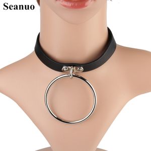 Seanuo Sexy SM Leather Alloy circle pendant Collar Necklace for men women Fashion torques Neckcloth punk choker necklace jewelry