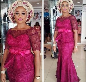 Nigerii Koronki Style Hot Różowy Wieczór Formalne Suknie Dla Czarnych Kobiet Afryki Designer Mermaid Koronki Zbiornik Z Rękawami Tanie Dress