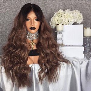 Fast shipping body wave ombre brown wig 180% glueless lace front synthetic wigs heat resistant hair for black women