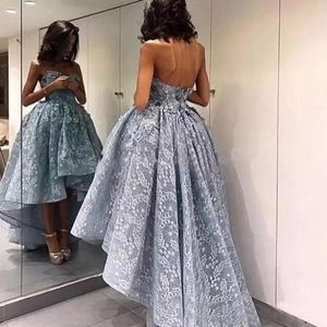2018 Silver Evening Dress Strapless Sleeves High Low Prom Gowns With White Lace Applique Back Zipper Custom Made Formal Occasion Party Gowns