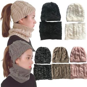 New girls hats withe scarve set women fashion winter warm crochet cap and scarves suit solid pure color knitting ring scarves