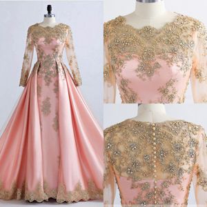 Gold Pearls Lace Prom Dresses A-line With Long Sleeve Draped Scoop Elegant Evening Formal Dress Gowns Real Image Custom Made