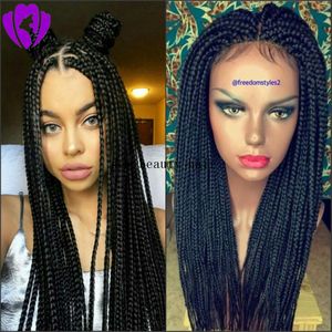 High Quality Black /brown Color Synthetic Braided Lace Front Wigs For Women Heat Resistant Fiber Hair Wigs Premium Braid Wigs with Baby Hai