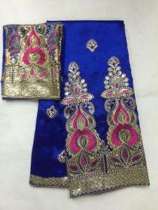 5yards fashion royal blue african george fabric with gold sequins and 2yards net lace set for dressing jg184