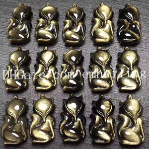 5 Pcs Mão Esculpida Ouro Natural Sheen Preto Obsidian Movendo Golden Flash Gemstone Bonito Fox Amuleto Da Sorte Pingente de Colar, ajustável, Unisex