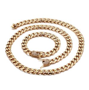 Bracciale in acciaio inossidabile da 11 mm con catena a maglie cubane Hip Hop CZ strass Punk Rock set di gioielli in oro argento pesante per uomo donna