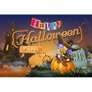 Sfondo per festa di Halloween felice, cielo notturno stellato stampato, zucca, caramelle, vecchio castello, sfondo per cabina fotografica dolcetto o scherzetto per bambini