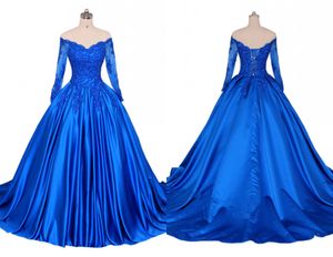 V Neck blå aftonklänning med långa ärmar spetsar en linje prinsessa 2022 Applique illusion sequined pärlkorsett bakre quinceanera festklänning