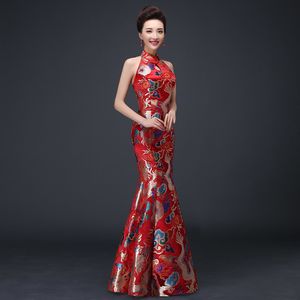 Chinesisches traditionelles Kleid rotes Qipao orientalisches Abendkleid Frauen rückenfreies Cheongsam Robe Chinoise Vestido Chines langes Qi Pao QL