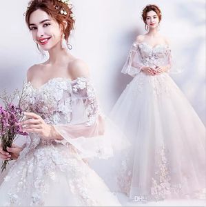 2020 Lace Vestido 3D apliques florais vestidos de noiva fora do ombro mangas compridas Lace-up Voltar Floor Duração A-Line Vestido de Noiva