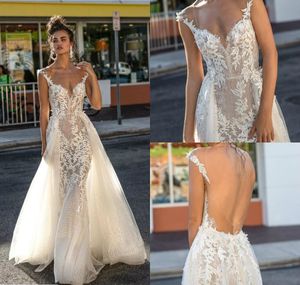 2019 Berta Sereia Vestidos de Noiva com Train destacável Deep V Neck Lace Applique Ilusão Backless Country Dress Plus Size Vestidos