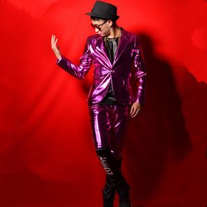 Abiti da uomo in pelle PU viola Giacca tinta unita Pantaloni slim Set Nightclub Bar Cantante maschile Stage Outfit Punk Rock Dancer Performance Costume