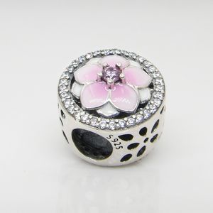 Autêntica 925 esterlina prata cor-de-rosa esmalte magnolia flores encantos caixa original para pântula beads encantos pulseira jóias fazendo