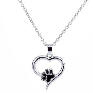 Hollow Pet Paw Print Necklaces Cute Animal Dog cat Memorial jewelry Pet Lover Puppy Paw Heart Charm Black Enamel Necklace Girls
