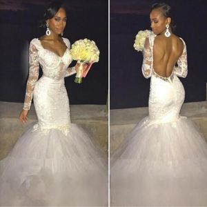 Glamoroso Árabe Praia Vestidos de Renda Apliques Sem Encosto de Manga Longa Sereia Vestidos de Casamento Sul Africano Inchado Tule Vestido De Casamento