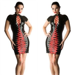 Fetisch Schwarzes Kunstlederkleid Sexy Latex-Minikleid zum Binden mit rotem Spitzenverband, figurbetontes Kleid Nachtparty Clubwear