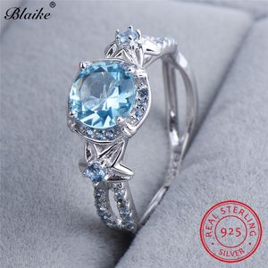 Blaike Round Aquamarine Star Flower Rings For Women Genuine S925 Sterling Silver Lake Blue Zircon Ring March Birthstone Jewelry S18101002