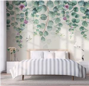 Papieki Wall Home Decor Custom Wallpaper Nordic Minimalistyczne Liście Tropikalne Kwiaty Butterfly Bird Sypialnia Ściana Behang