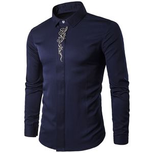 Tappning män skjorta blommigryck kinesisk stil mogen man kontorskjortor mörkblå man blusa bröllopslitage 2018 varm försäljning pojke blus