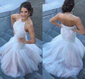 White Blush Mermaid Prom Dresses Halter Pearls Beaded Lace Tulle Satin Backless Pageant Dresses Formal Evening Gowns