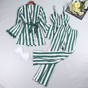 Satin sovkläder kvinnliga kvinnor pyjamas sätter mode spaghetti rem toppar ränder sömn lounge sommar hem kläder pijama 3 stycke s1024