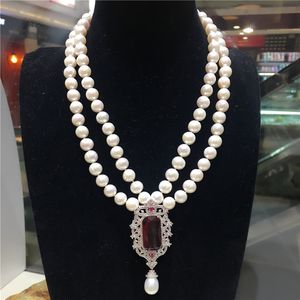 Vendita calda nuovi 2 file 8-9mm bianco naturale perla d'acqua dolce zircone accessori fibbia pendente fiore collana maglione gioielli di moda