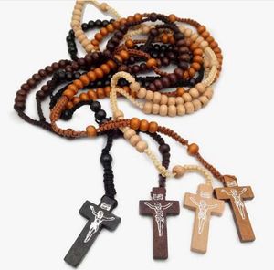 Retro Style Men Women Bead Cross Pendant Woven Rope Necklace