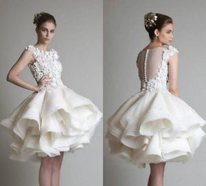 Krótkie suknie ślubne 3D Kwiatowe Aplikacje Zroszony Klejnot Neck Wielopięciowy Tulle Beach Suknie Ślubne Ruffles Plus Size Sukienka ślubna Robe de Mariée