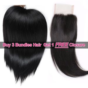 Ishow Hair Big Sales Promotion Buy 3 Bundles 8-28inch Brailizan Peruvian Malaysian Straight Hair Extensions Get 1 Free Lace Closure for Women Girls Natural Color