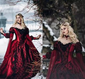 Dornröschenprinzessin Mittelalterliches rotes und schwarzes Gothic-Hochzeitskleid mit langen Ärmeln, Spitzenapplikationen, viktorianische Brautkleider nach Maß