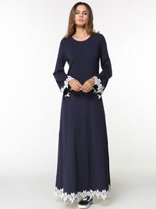 Damen Solide Appliques Maxi langes Kleid Slim Fit Rundhals Langarm grundlegende muslimische Frauen Roben Navy Blue Autumn