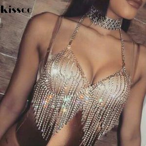 Kisscc Sexy Lantejoulas Rhinestone Corrente de Metal Sutiã Oco para fora Diamante Camis Party Colheita Tops de Verão Night Club Cadeia Festa Bralette