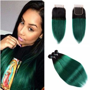 Brazilian Virgin Human Hair Weaves With Lace Closure 1b Dark Green Ombre Human Hair Weaves With Lace Closure Straight Hair Extensions
