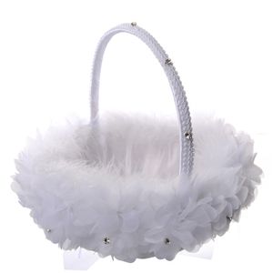 White Ostrich Feather Flower Girl Basket Elegant Round Silk Flower Basket Wedding Favors Wedding Accessory New