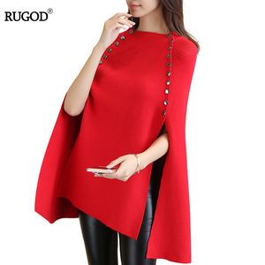 RUGOD 2017 Camisola de Natal Sólida Longa Batwing Manga Mulheres Suéteres e Pullovers Sobre Tamanho Botão O-Pescoço Botão Cloak Poncho