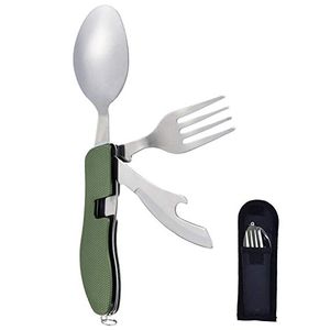 Multipurpose Portable 4 Pieces Foldable Utensil Set Camping Stainless Steel Fork Spoon Bottle Opener Set Storage Case Outdoor EDC Gear