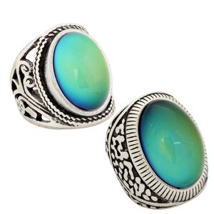Vintage Sterling Silver Plated Mood Hollow Rings 13*18MM Color Changing Oval Stone Gift Ring Wholesale