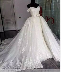 2022 Abito da sposa a sirena con spalle scoperte Gonna staccabile Applique in pizzo Tulle Abiti da sposa da sposa Vintage Chapel Train Vestido De Novia