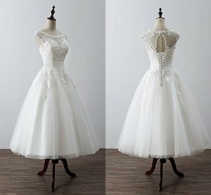 2022 Real Photo Tea Length Short Wedding Dress Cheap Sheer Neck With lace Applique Cap Short Sleeves Corset Back Tulle Country Style Wedding