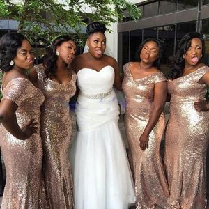 Rose Gold Bridesmaid Dresses Sheath Mermaid V-Neck Long Sparkly Formal Gowns Custom Made Cheap Sequins Maid Of Honor Dress