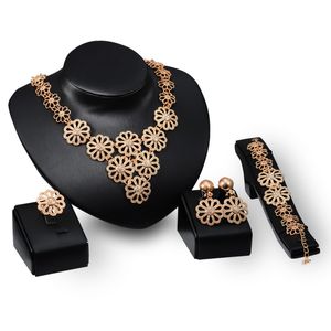 Dubai 18K Gold Pendant Flower Chain Necklace Sets Fashion African tripe Wedding Bridal Jewelry Sets (Necklace + Bracelet + Earrings +Ring)