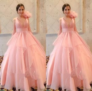 Romantic Pink Ball Gown Evening Formal Dresses Long 2019 Deep V neck Handmade Flowers Pleated Ruffles Tulle Cheap Party Prom Dress Gowns
