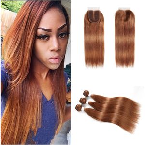 Brazilian Virgin Hair Color #30 Light Auburn Straight Bundles With Lace Closure Brown Hair Extensions 3 Bundle Deals With Closure