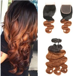 Ombre Brown Hair With Closure Dark Root T1b 30 Light Auburn Hair Extensions With Lace Closure Peruvian Virgin Human Hair Weft