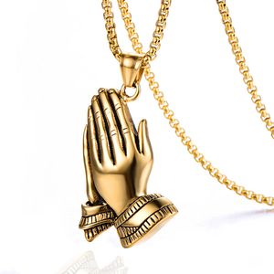 Retro Praying Hands hänge halsband 316L rostfritt stål 18k guldpläterade mäns titan stål smycken