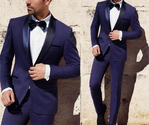 Moda Navy Blue Groom Tuxedos Szal Kapel One Button Mężczyźni Garnitur Ślubny Wysokiej Jakości Mężczyźni Business Prom Dinner Blazer (Kurtka + Spodnie + Krawat) 1197